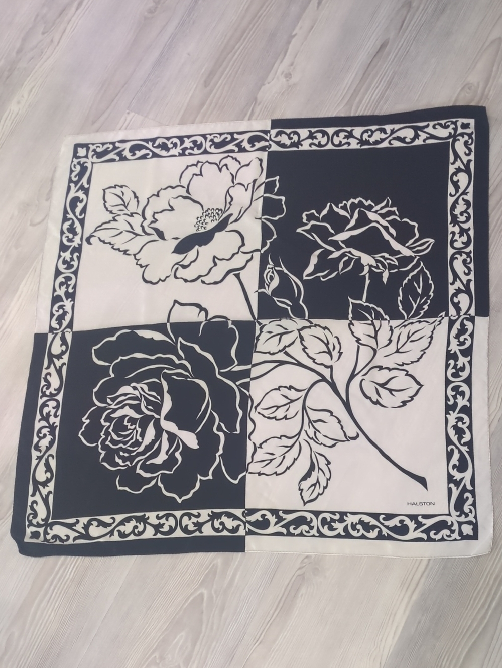 Vintage Halston Heritage Black & White Roses Square Scarf Oversized Silk Rose